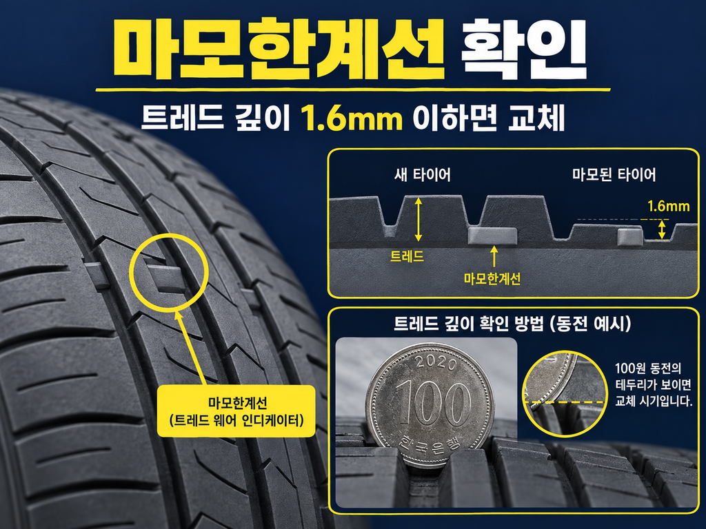 타이어 트레드 마모한계선 1.6mm를 설명하는 이미지
