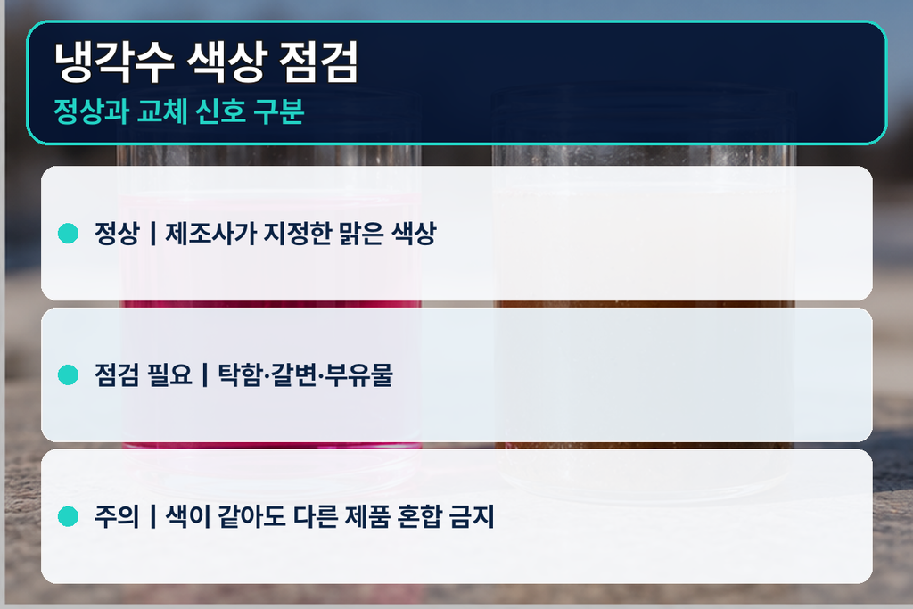 자동차 냉각수 정상 색상과 교체 필요 색상 비교 이미지