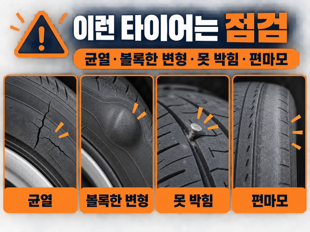 타이어 균열 볼록한 변형 못 박힘 편마모를 보여주는 이미지