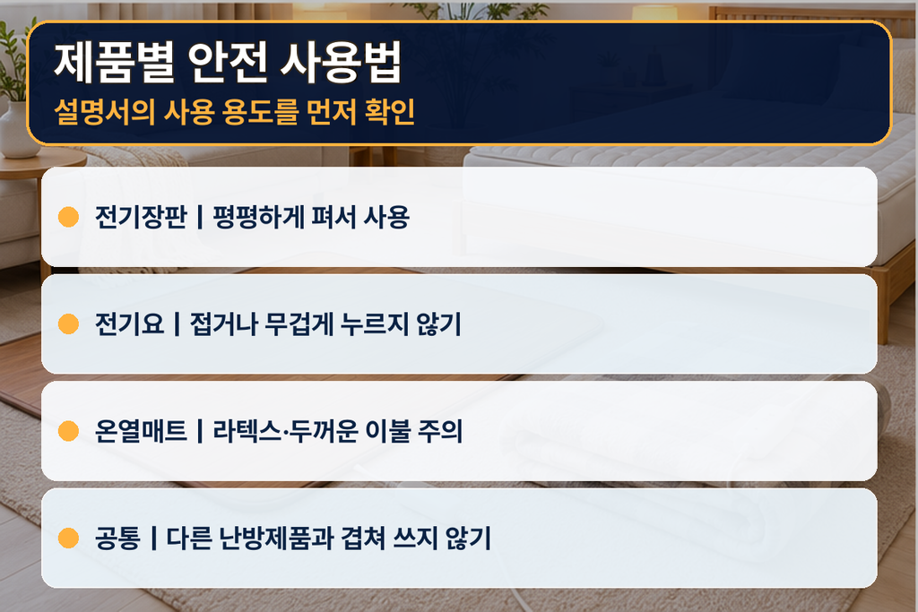 전기장판 전기요 온열매트 안전 사용법 비교 이미지
