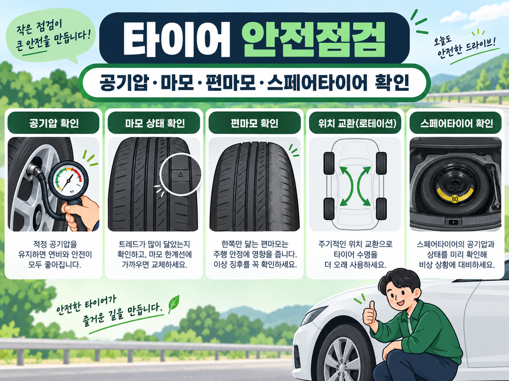 타이어 공기압 마모 편마모 스페어타이어 점검 이미지