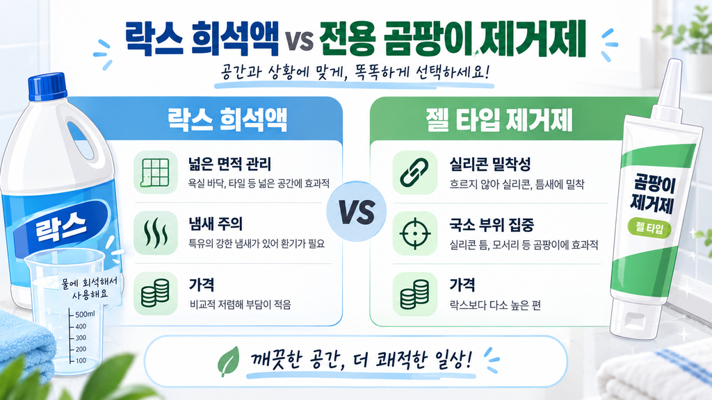 락스 희석액과 젤 타입 곰팡이 제거제 비교 이미지