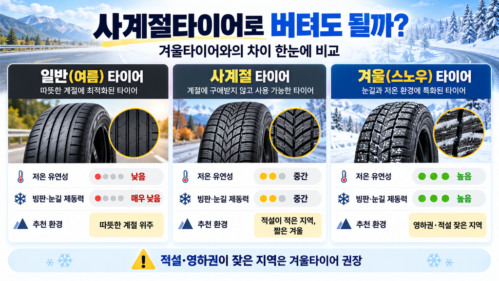 일반타이어 사계절타이어 겨울타이어 차이 비교 이미지