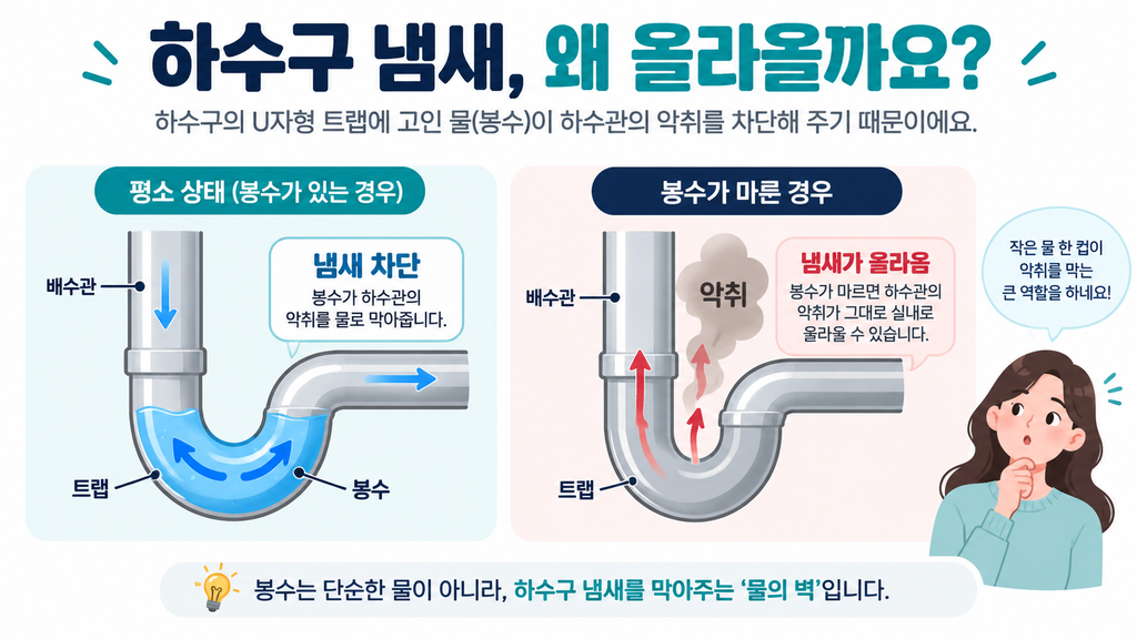 하수구 트랩 구조와 봉수 원리 단면도