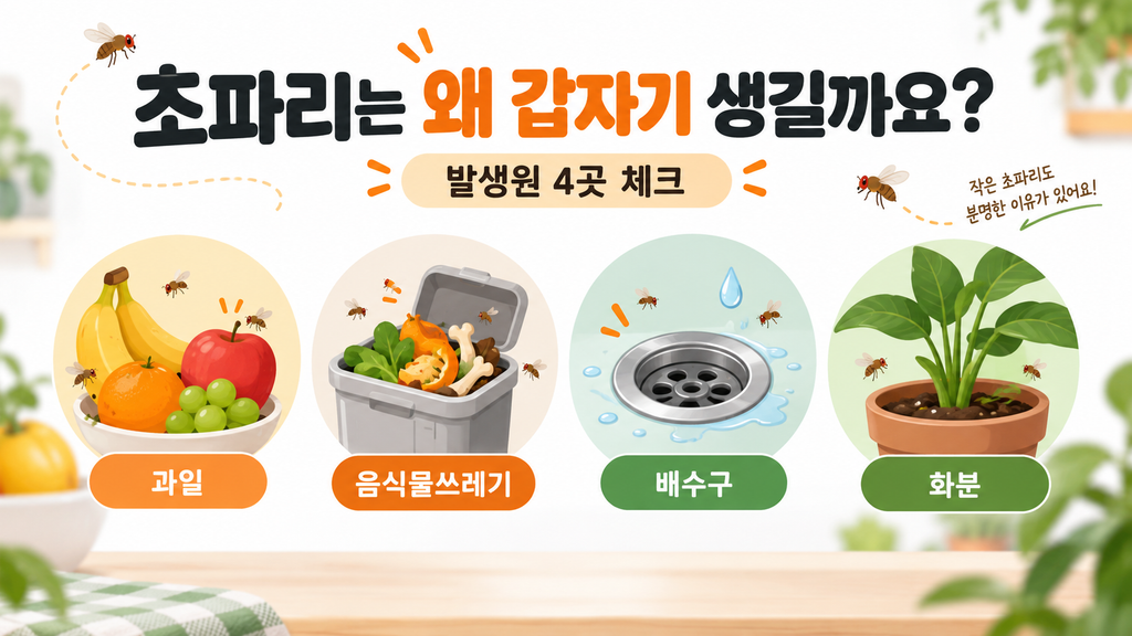 초파리 발생 원인 4곳(과일, 음식물쓰레기, 배수구, 화분) 안내 이미지