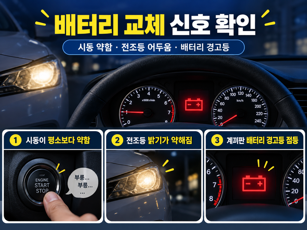 시동이 약할 때 계기판과 전조등이 어두워지는 상황
