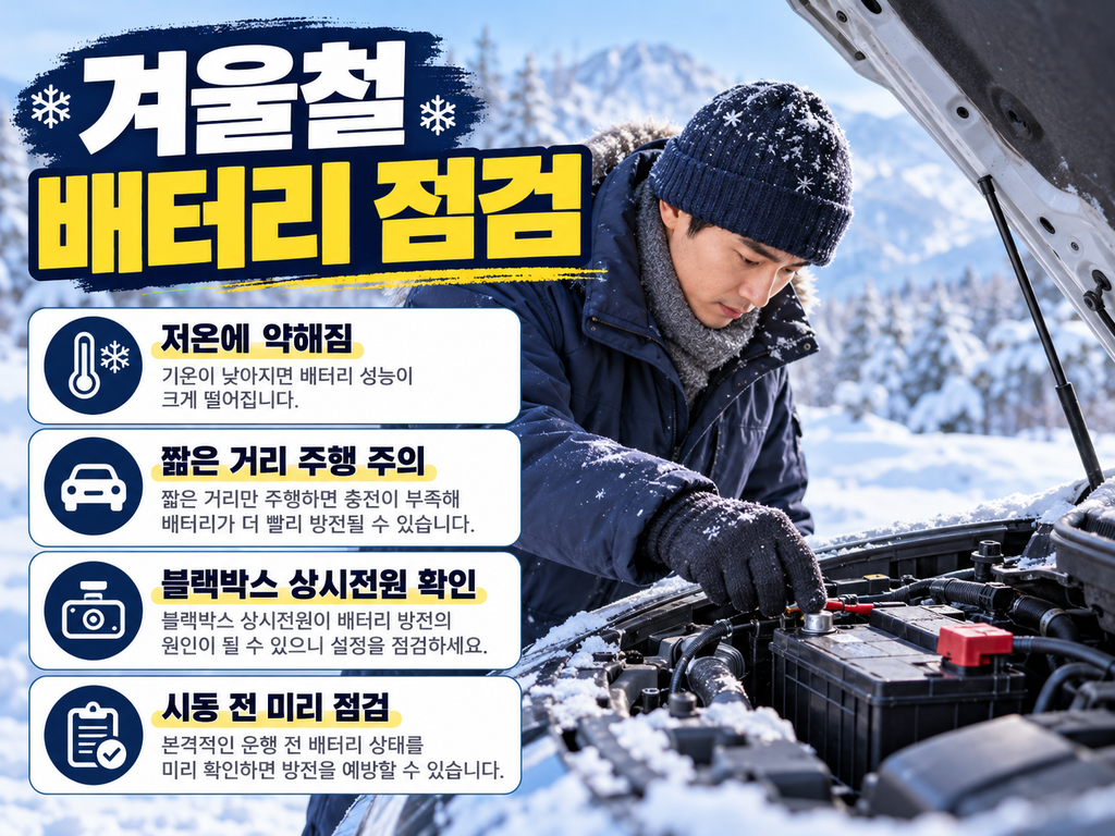 겨울철 저온에서 자동차 배터리를 점검하는 모습