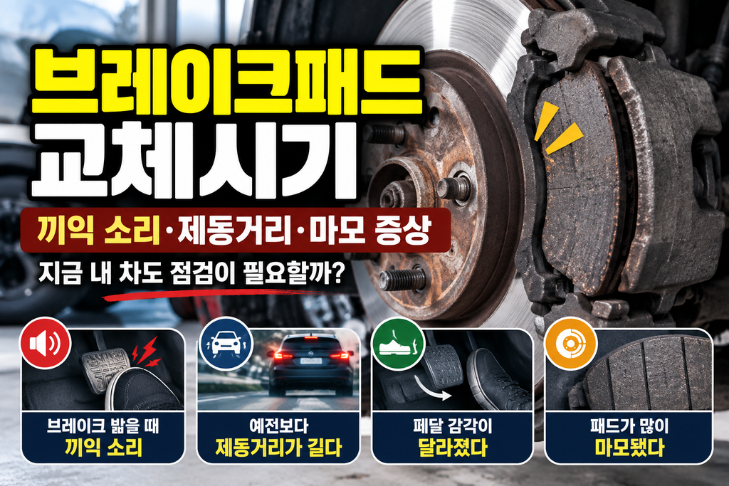 브레이크패드 마모 정도를 확인하는 모습