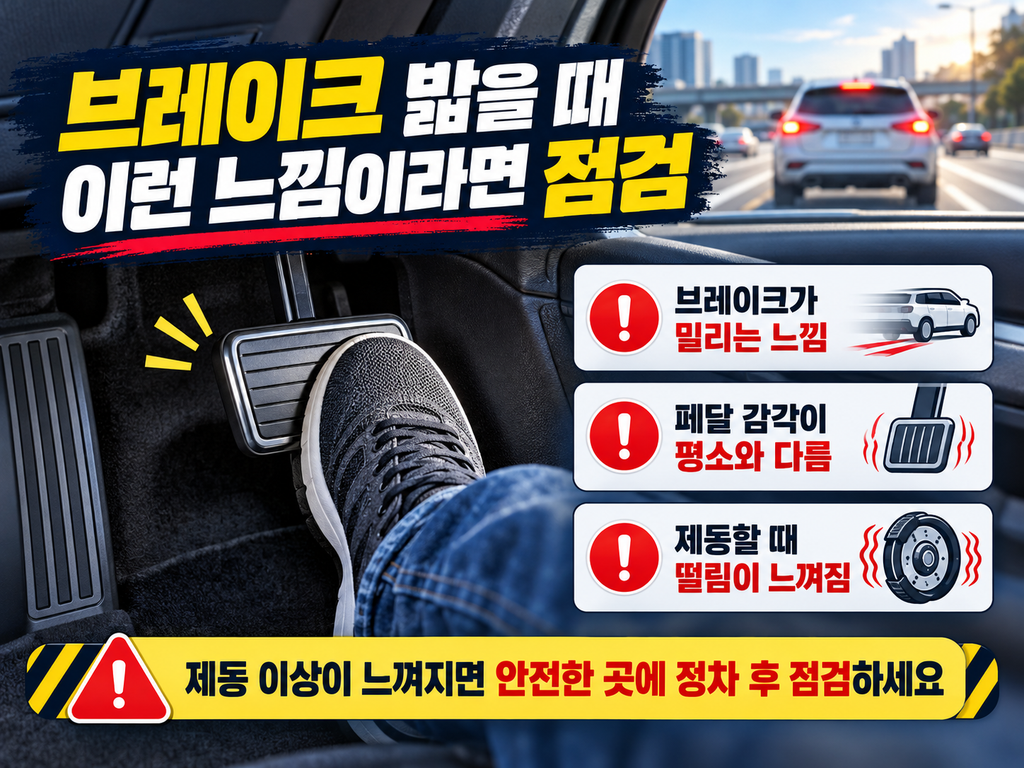 브레이크 페달을 밟아 제동 느낌을 확인하는 운전석