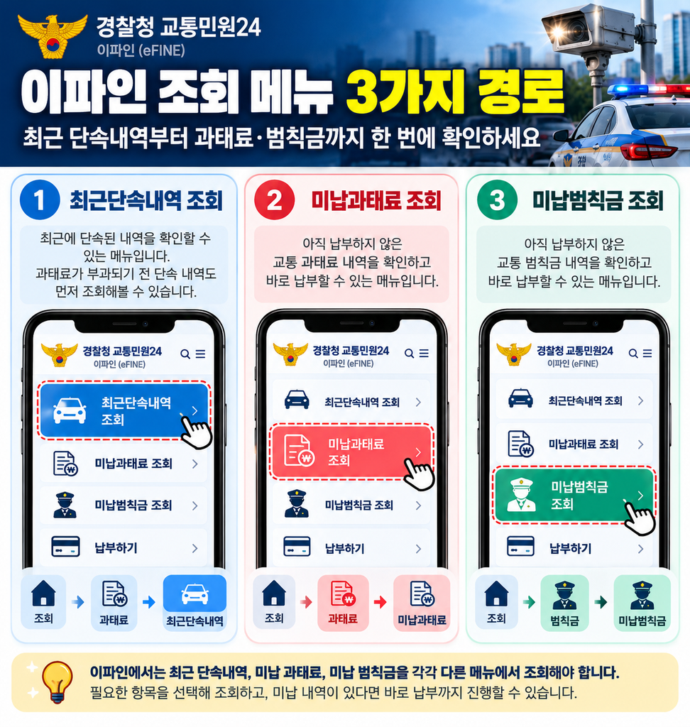 이파인 조회 메뉴에서 최근단속내역·미납과태료·미납범칙금 선택하는 경로