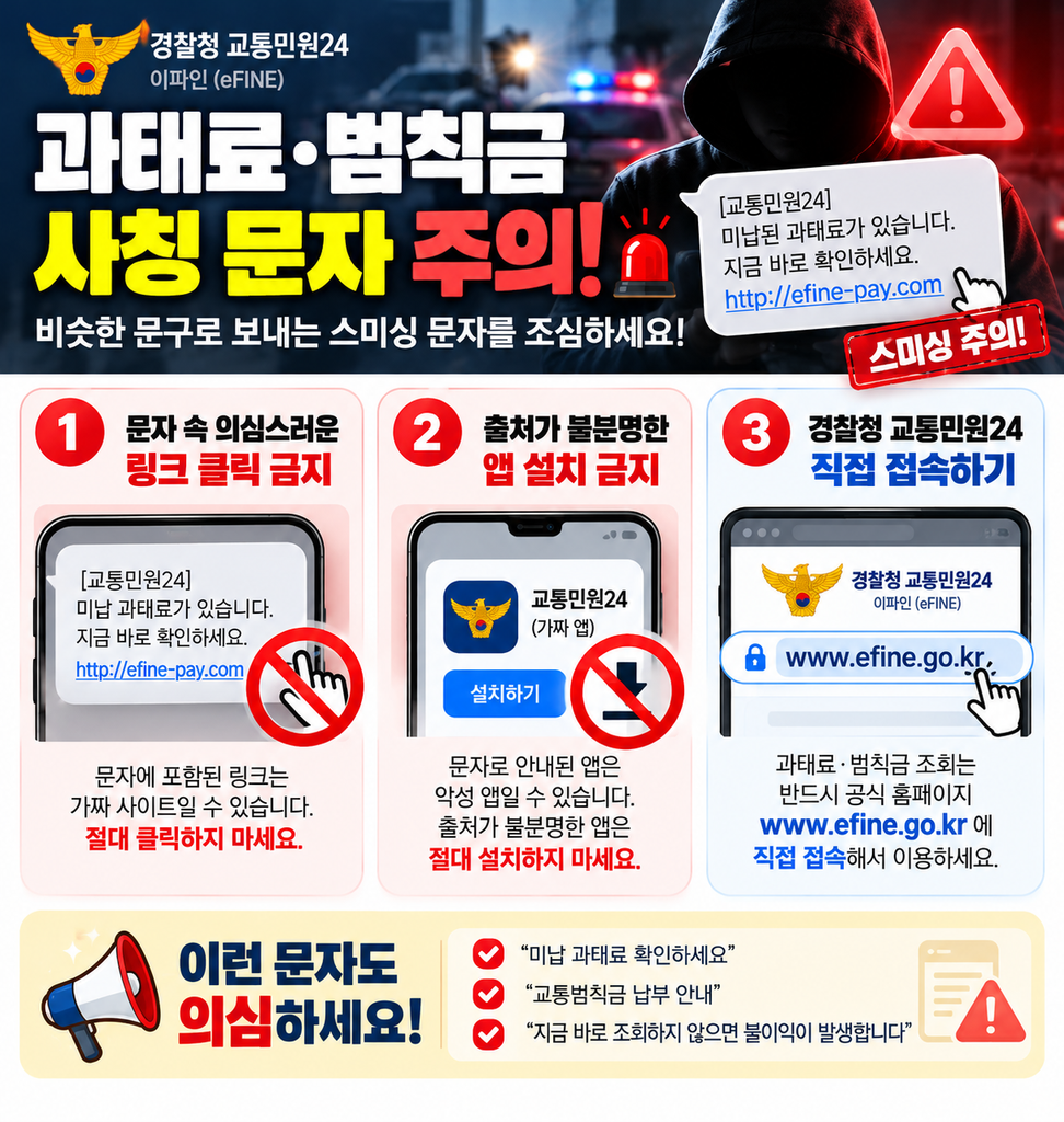 과태료 사칭 문자 스미싱 주의, 링크 대신 이파인 공식 홈페이지 직접 접속