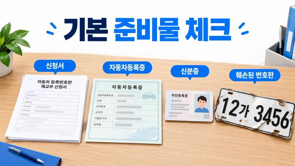 번호판 재발급 신청서와 자동차등록증, 신분증, 훼손된 번호판 준비물