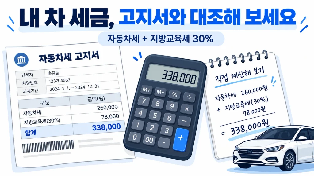 자동차세 고지서의 자동차세와 지방교육세를 계산기로 대조하는 예시