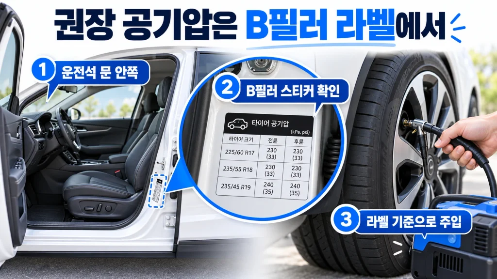 운전석 도어 안쪽 B필러 라벨에서 차종별 권장 타이어 공기압 확인
