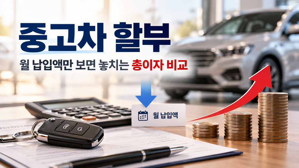 중고차 할부 기간에 따라 월 납입액과 총이자가 달라지는 비교 이미지
