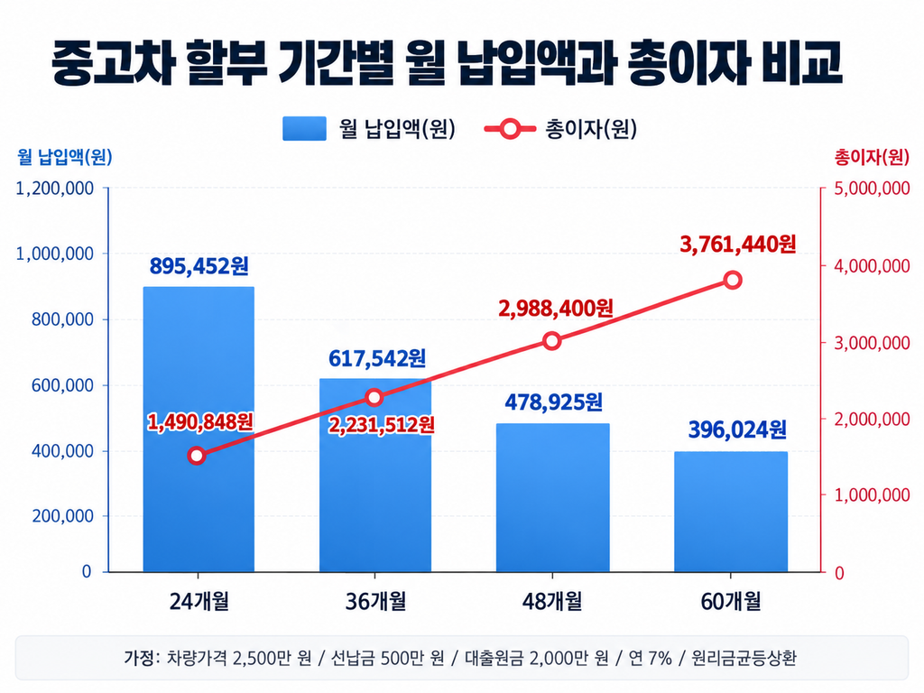 중고차 할부 24개월부터 60개월까지 월 납입액과 총이자를 비교한 도표
