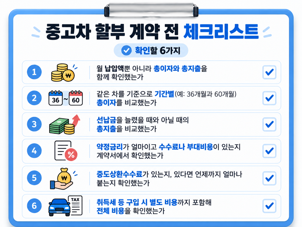 중고차 할부 계약 전 확인할 항목을 정리한 체크리스트 이미지