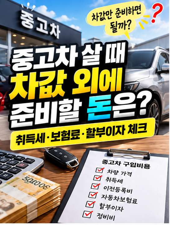 중고차를 살 때 차값 외에 취득세 보험료 할부이자 등 추가 비용을 준비해야 한다는 안내 이미지